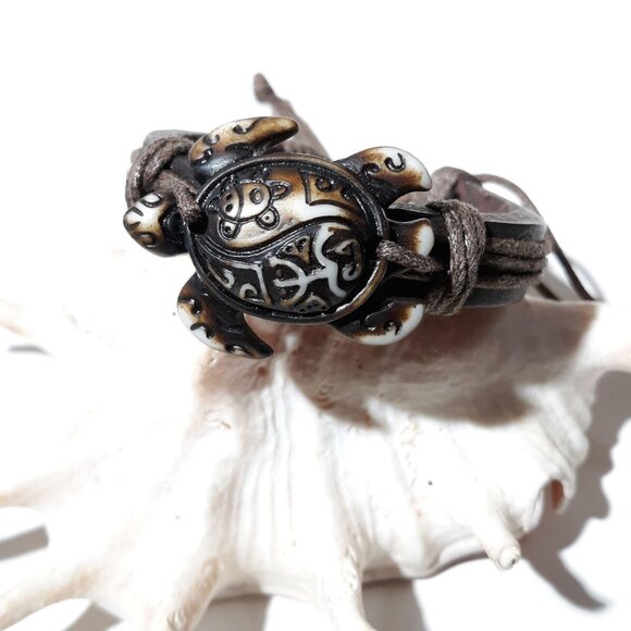 Leather Turtle Shambala Bracelet Unisex Adjustable Brown Resin NWOT - Picture 2 of 6